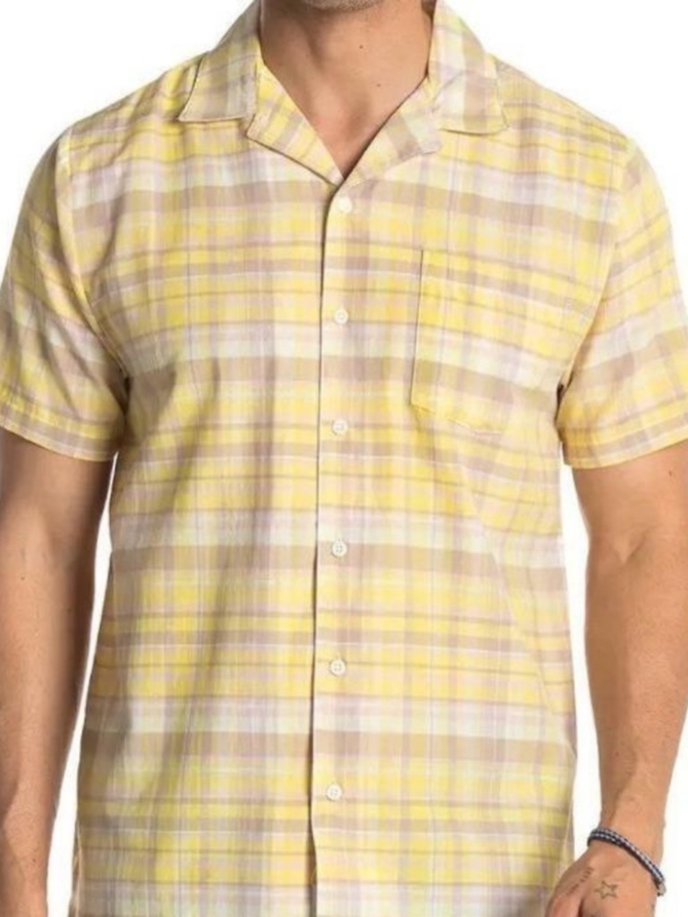 $140 Onia Liam Tartan Check Yellow Relaxed Button Pockets Shirt